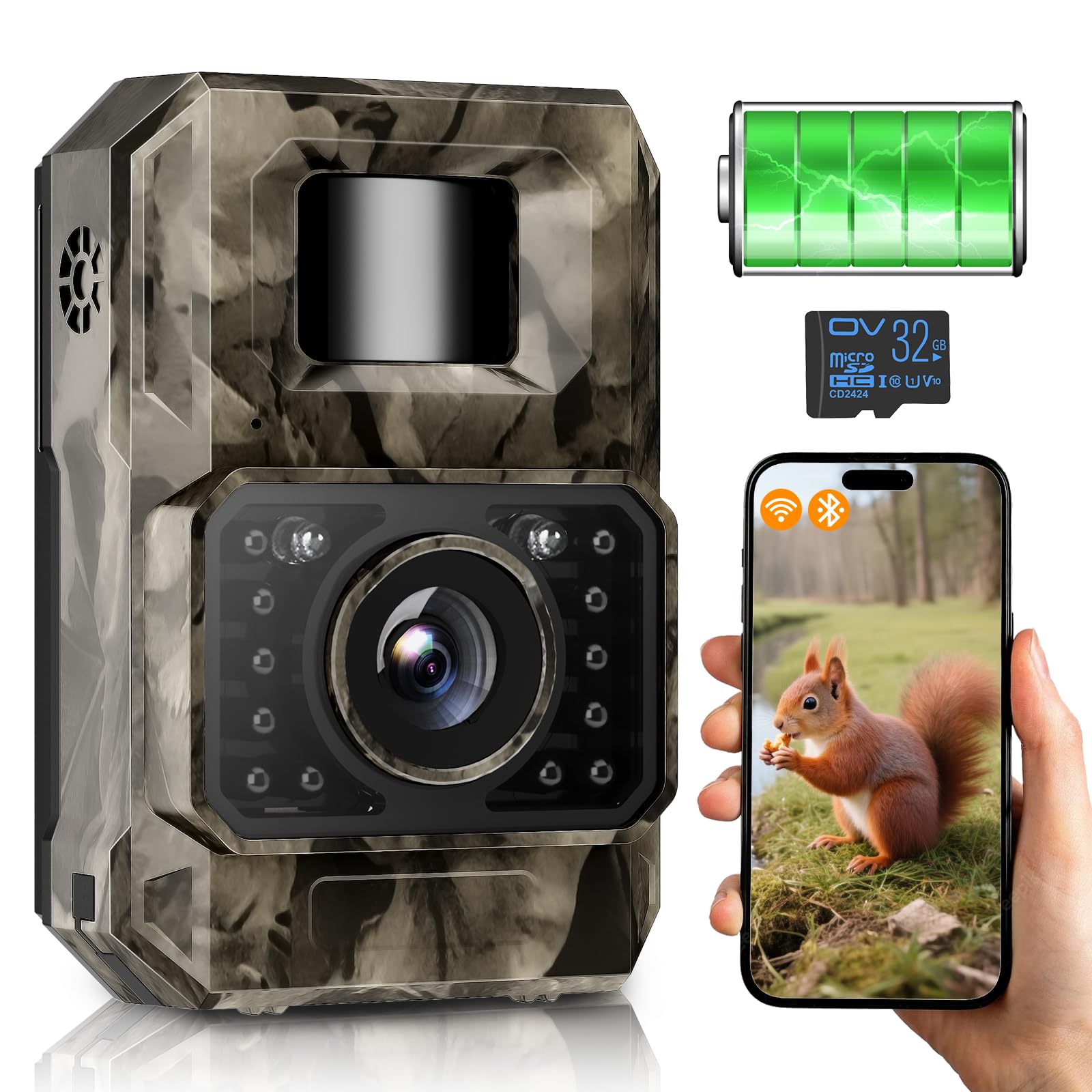 MAXDONE Wildkamera mit Bewegungsmelder Nachtsicht, 4K 64MP WLAN Bluetooth Wildkamera mit Handyübertragung App, Wildtierkamera mit 2000mAh Akku, Nachtsichtkamera 0,1s Auslösezeit, IP66 Wasserdicht
