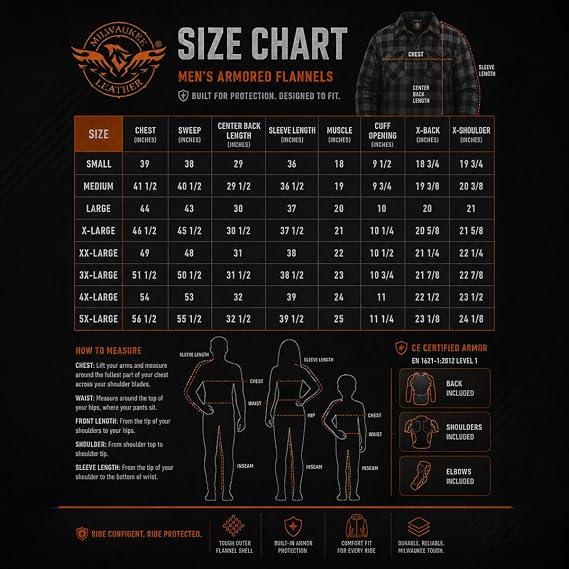 Milwaukee Leather Men's Armored Long Sleeve Flannel Biker Shirt, MPM1645 | Aramid Fiber Reinforced, Vented, Dual Closure, Protective