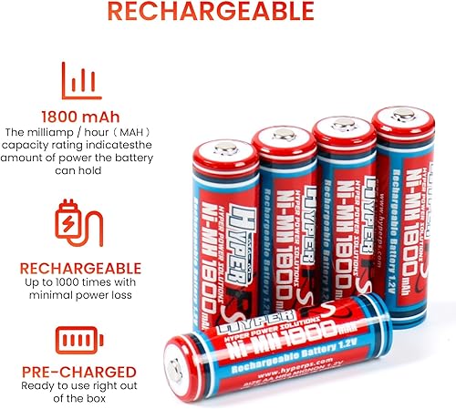 Miniatura 3 de HYPERPS Paquete de 8 baterías recargables Ni-MH de 1.2 V AA 1800 mAh para dispositivos de alto drenaje, carga rápida