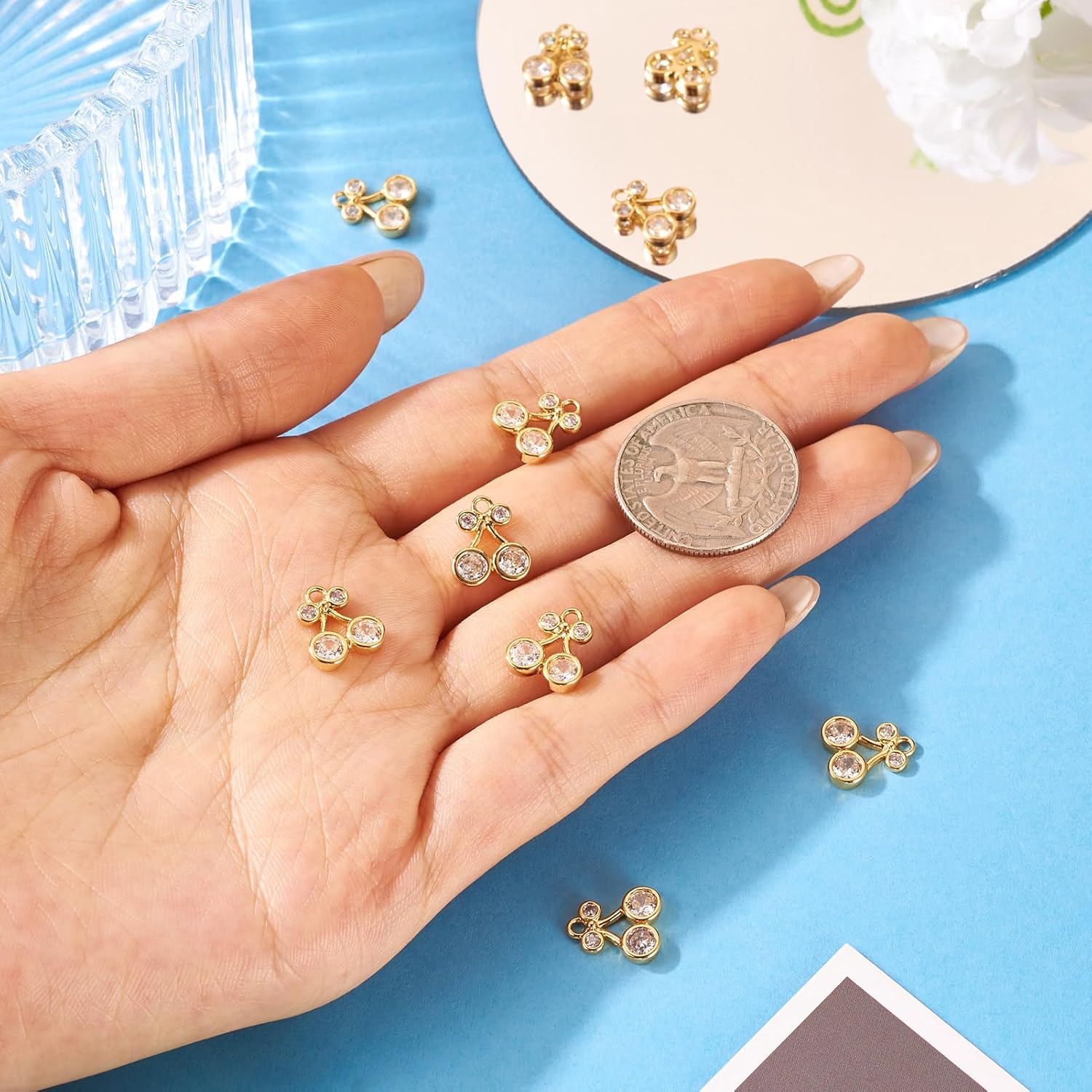 Craftdady 10pcs Cherry Cubic Zirconia Charms 18K Gold Plated Fruit CZ Stone Necklace Pendants Cute Cherry Clear Crystal Dangle Earring Charms 13x11 mm for DIY Bracelet Jewelry Making - Image 4