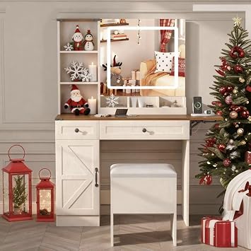 NUNU LAB Farmhouse Makeup Vanity Desk with Mirror and 3 Color Modes Lights, vanities Table with 2 Big Drawers and 2 Cabinets, Bedroom Dressing Table for Women Girls 054 Brown