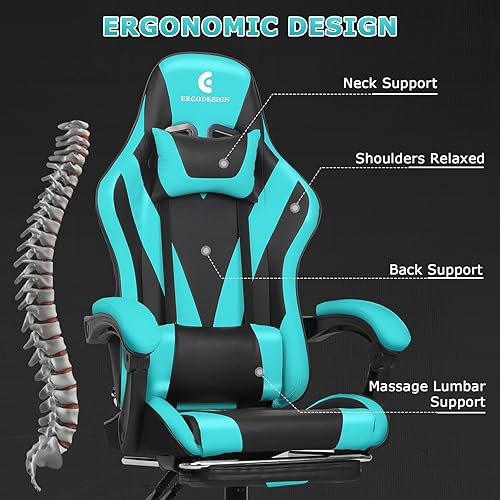 Miniatura 4 de Silla de juegos con reposabrazos y reposapiés Linkage, silla de videojuegos de respaldo alto, negroazul claro