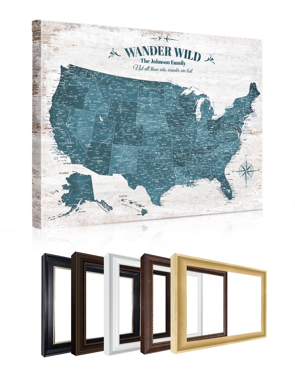 IPIC Personalized Vintage Teal Framed USA Map Pin Board, Size 30x24 in