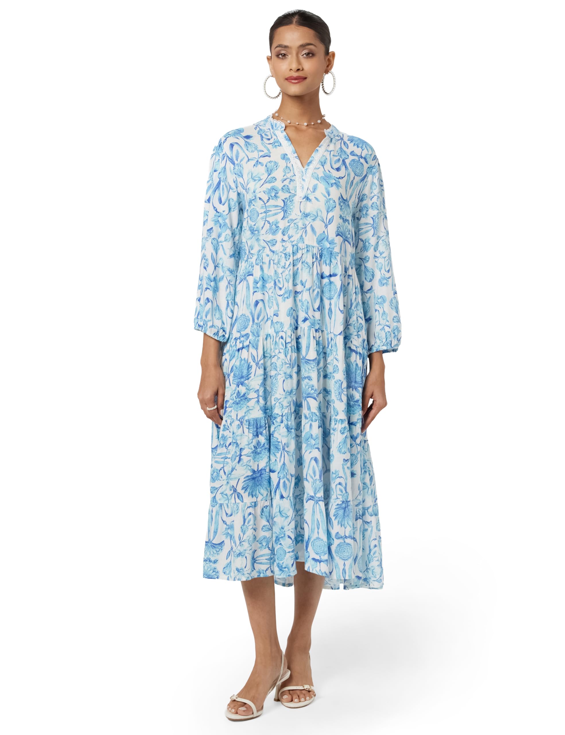 Women Casual Ankle Length Cotton Floral Tiered Dress