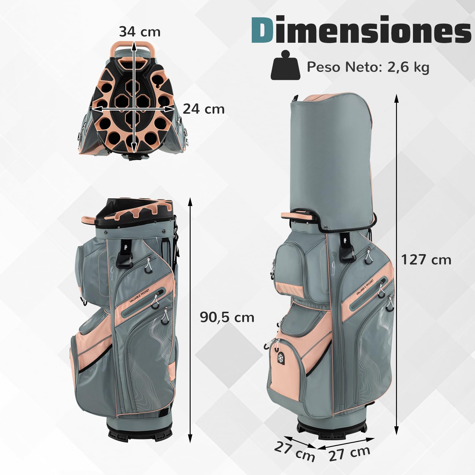 GYAMX Bolsa para Carro de Golf Portátil, Bolsa para Palospara con 14 Compartimentos de Longitud Completa, 11 Bolsillos, Bolsa Nevera, Correa Ajustable, Porta Paraguas, Unisex
