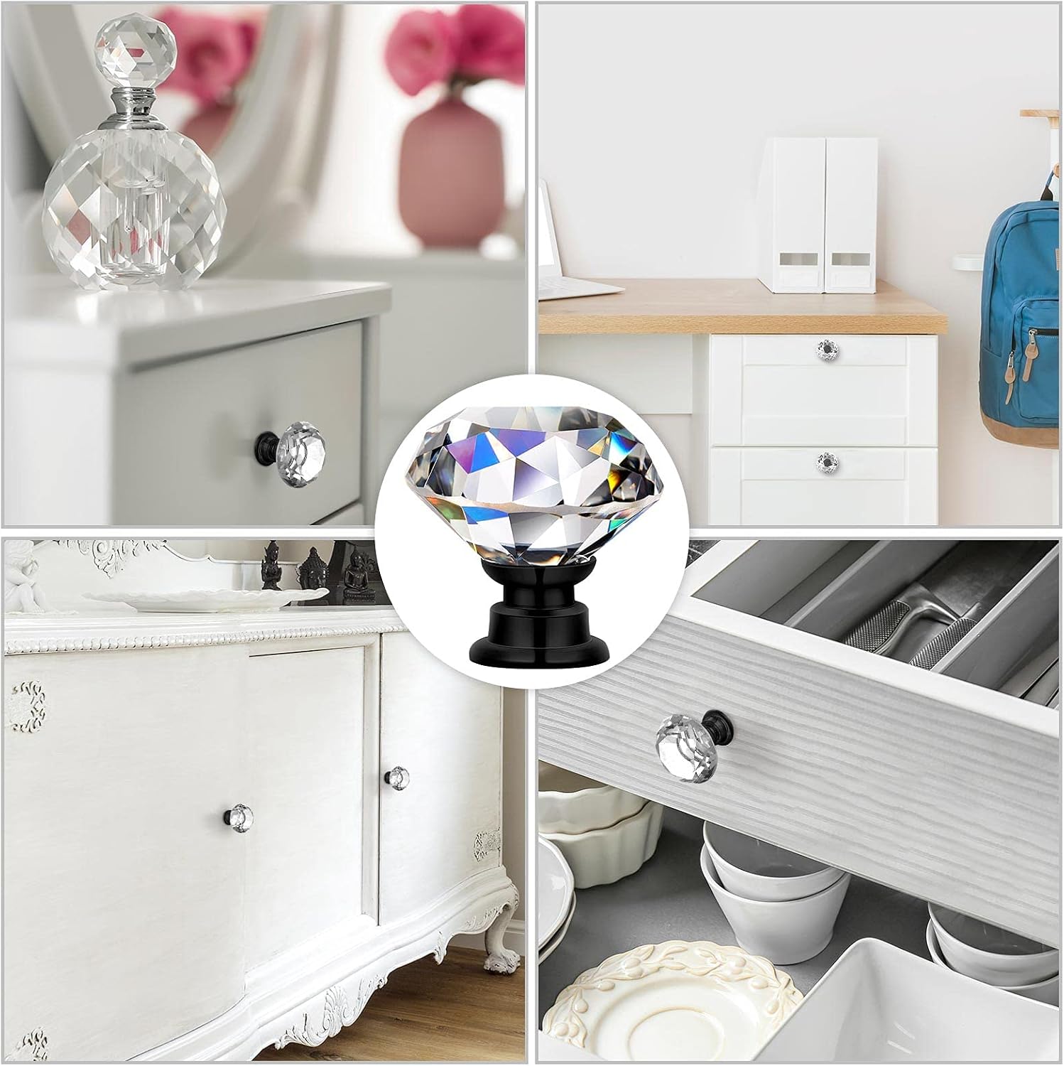 Hotop Cabinet Knobs Drawer Knobs, Crystal Knobs Glass Cabinet Knobs Clear 30mm Diamond Knobs Pulls Handles with Screws for Kitchen Office Bathroom Cabinet (Black,30 Pieces), 5 in (Hole Center)