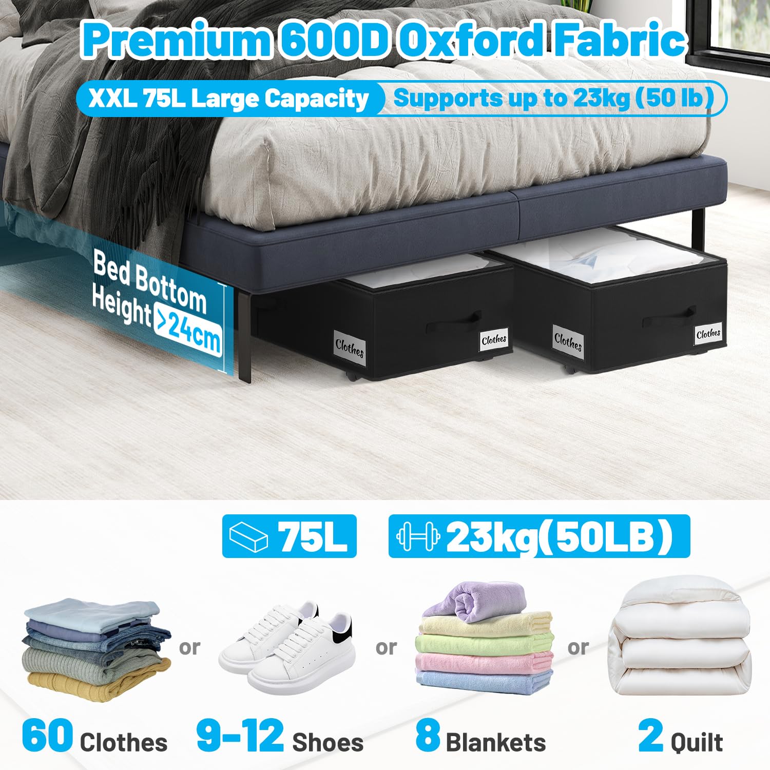 Kukikan Unterbettkommode auf Rollen, 2er Pack 24 cm XXL 60L Rollunterbett Aufbewahrungstasche mit Reißverschluss, Einfache Montage Unterbett Aufbewahrungsbox mit Deckel & Etikett, Unterbettschubladen