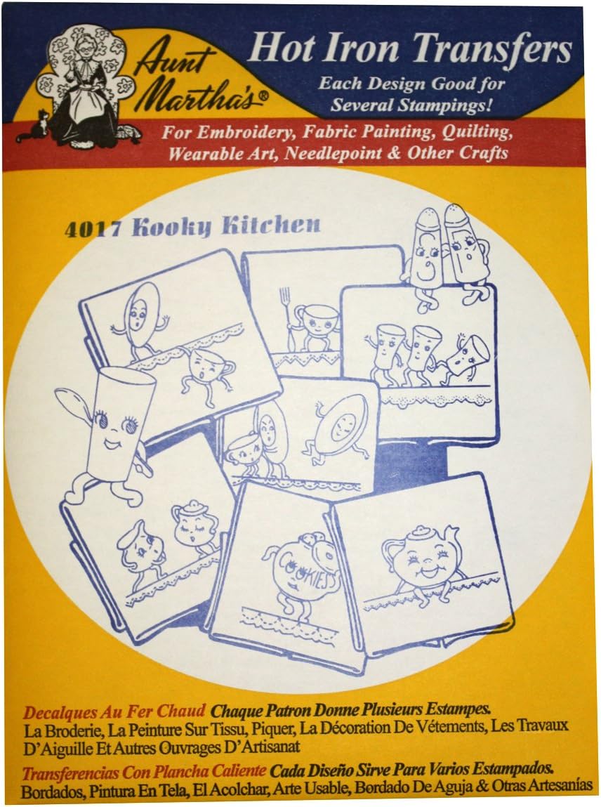 Aunt Martha's Iron On Transfer Patterns for Stitching, Embroidery or Fabric Painting, Patterns for Tea Towels/Kitchen Decor, Set of 5