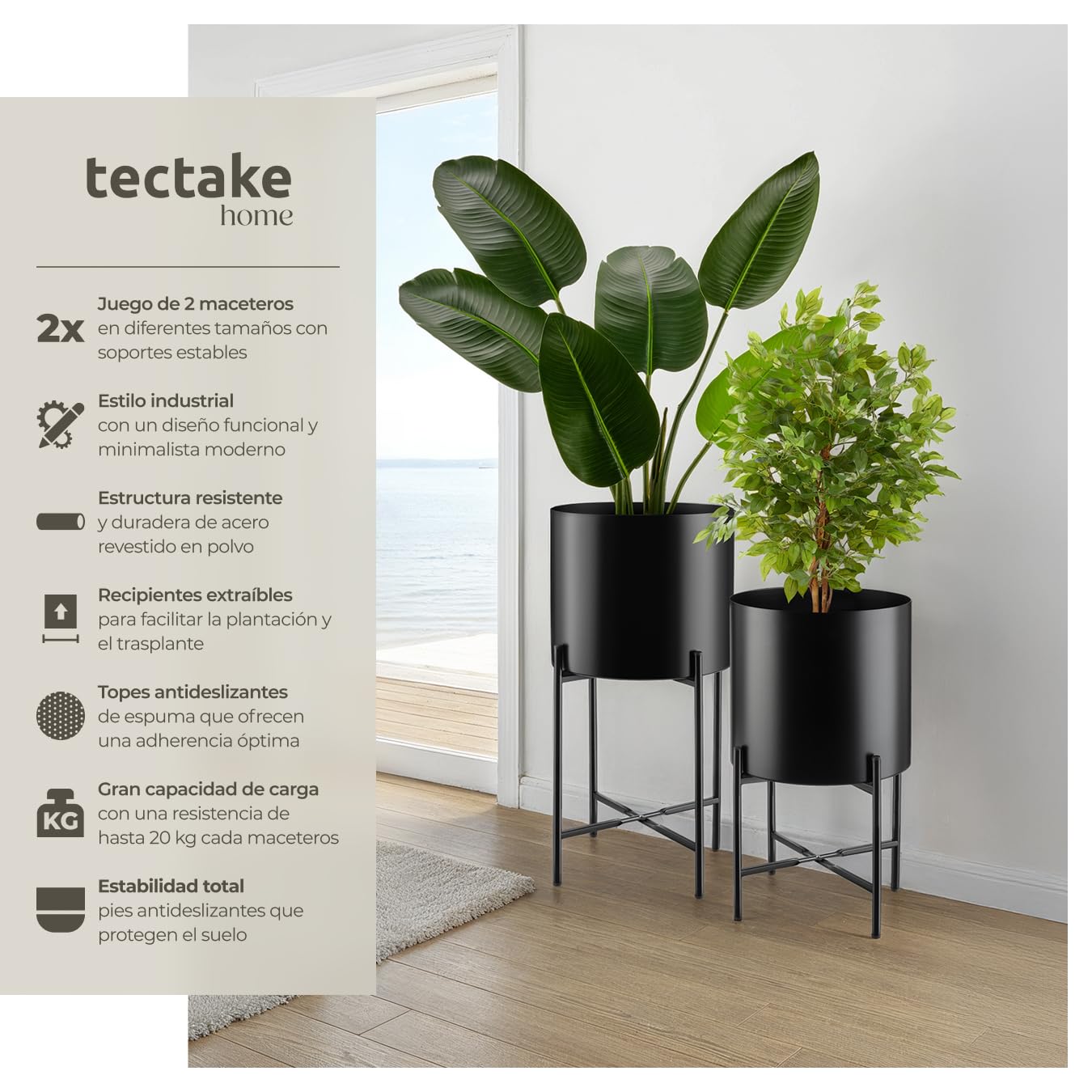 tectake® Maceteros Decorativos Interior, Maceteros Grandes Exterior, Decoracion Hogar, Macetero Alto, Soporte Plantas Interior, Acero con Revestimiento en Polvo - Set de 2 Negro