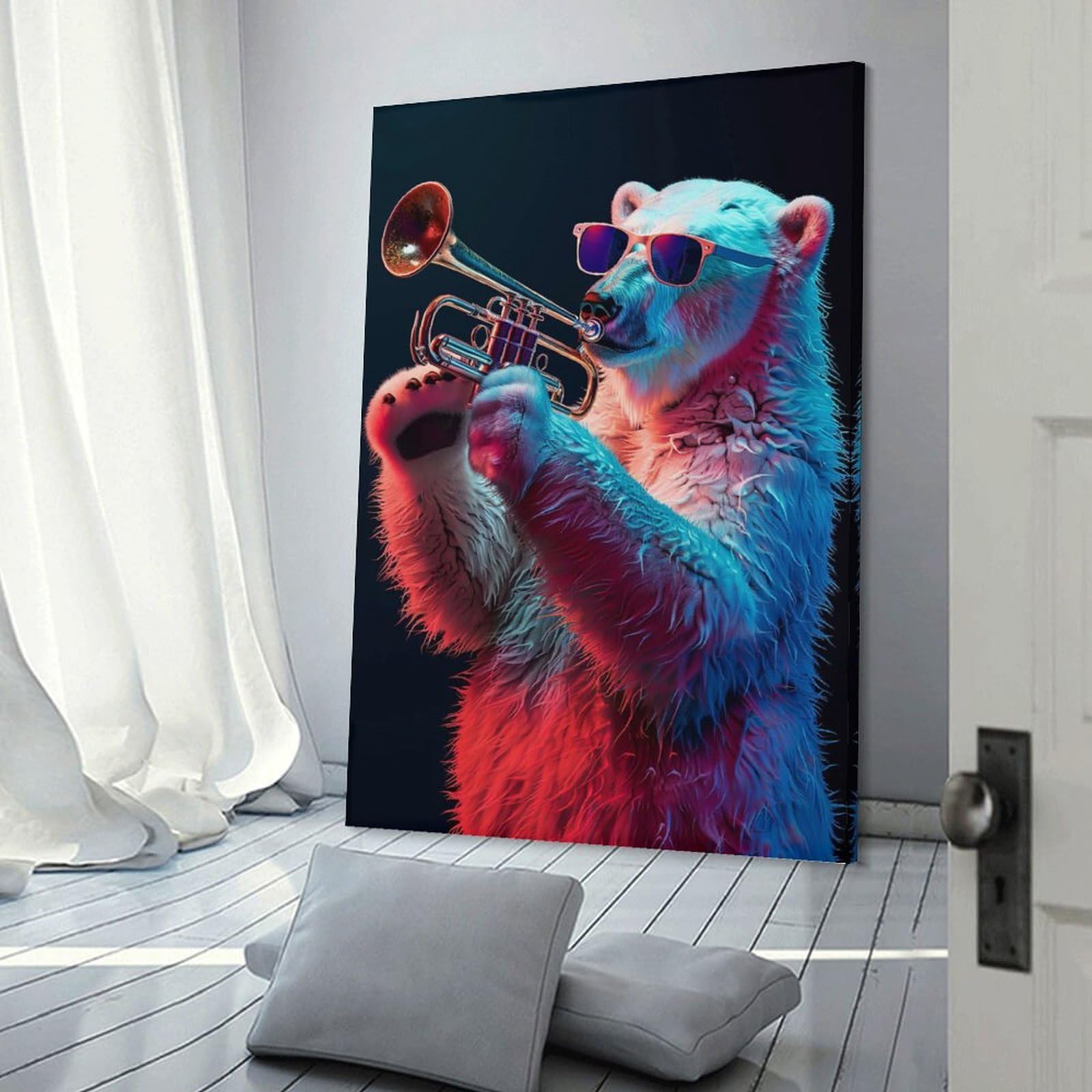 Junmoney Polar Bear Trumpet Canvas Art Print 08x12inch(20x30cm), for Feature Walls in Flats Or Modern Rooms, Decorative Artwork with Flexible Styling