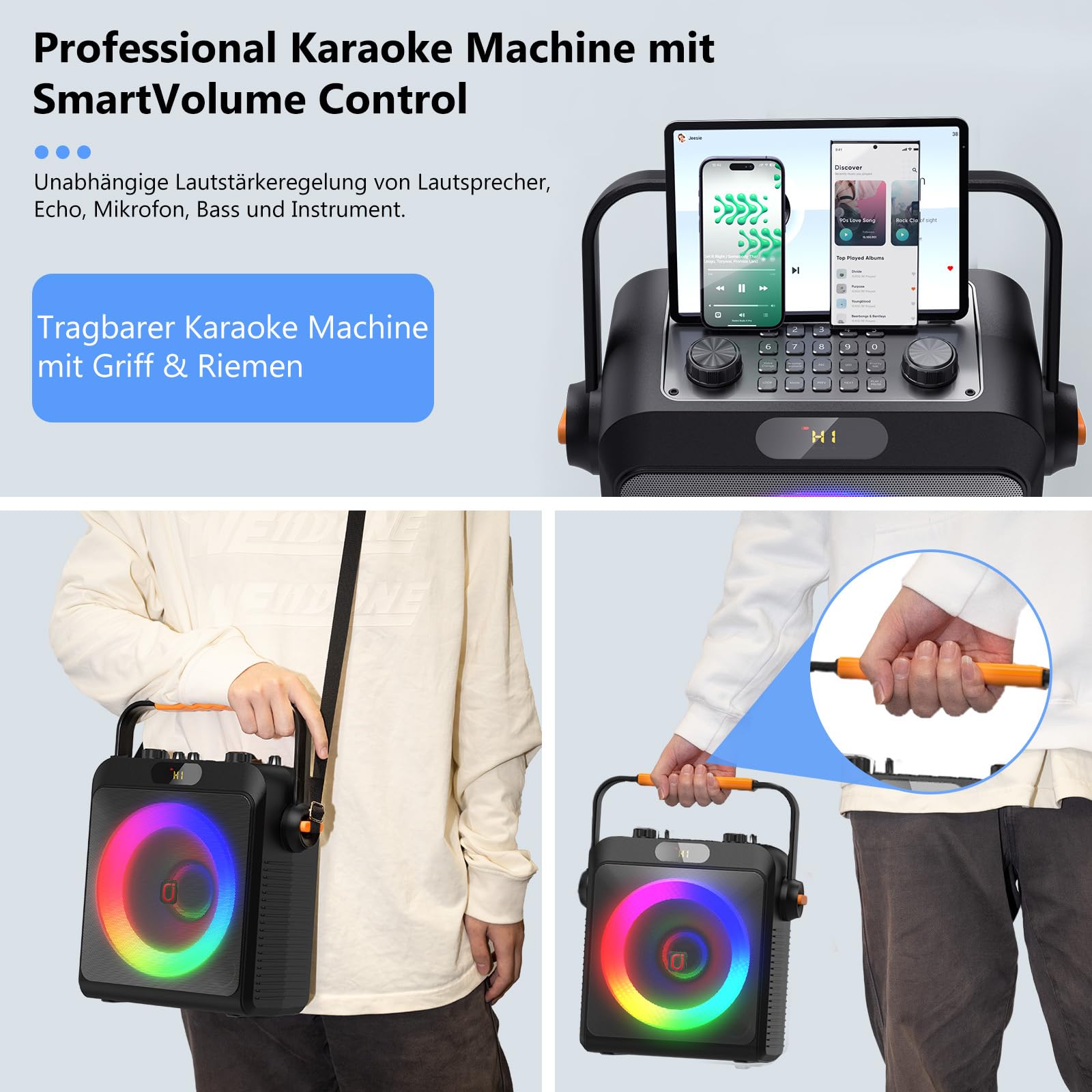 JYX Karaoke Anlage mit 2 Mikrofonen, Karaoke Maschine & tragbare Karaoke-Box mit Bluetooth 5.3, Bass- & Echo-Regler, TWS, USB, AUX, TF-Karte, für Partys und Outdoor, für Erwachsene und Kinde