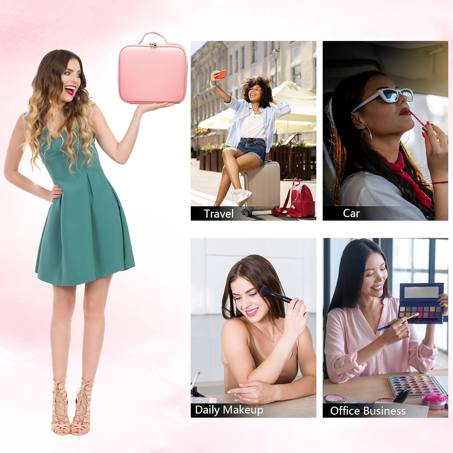 Travel Makeup Bag with LED Mirror Travel Makeup Organizer with 3 Lighted Settings, Adjustable Dividers and Makeup Brush Storage Bag Pink - Image 6