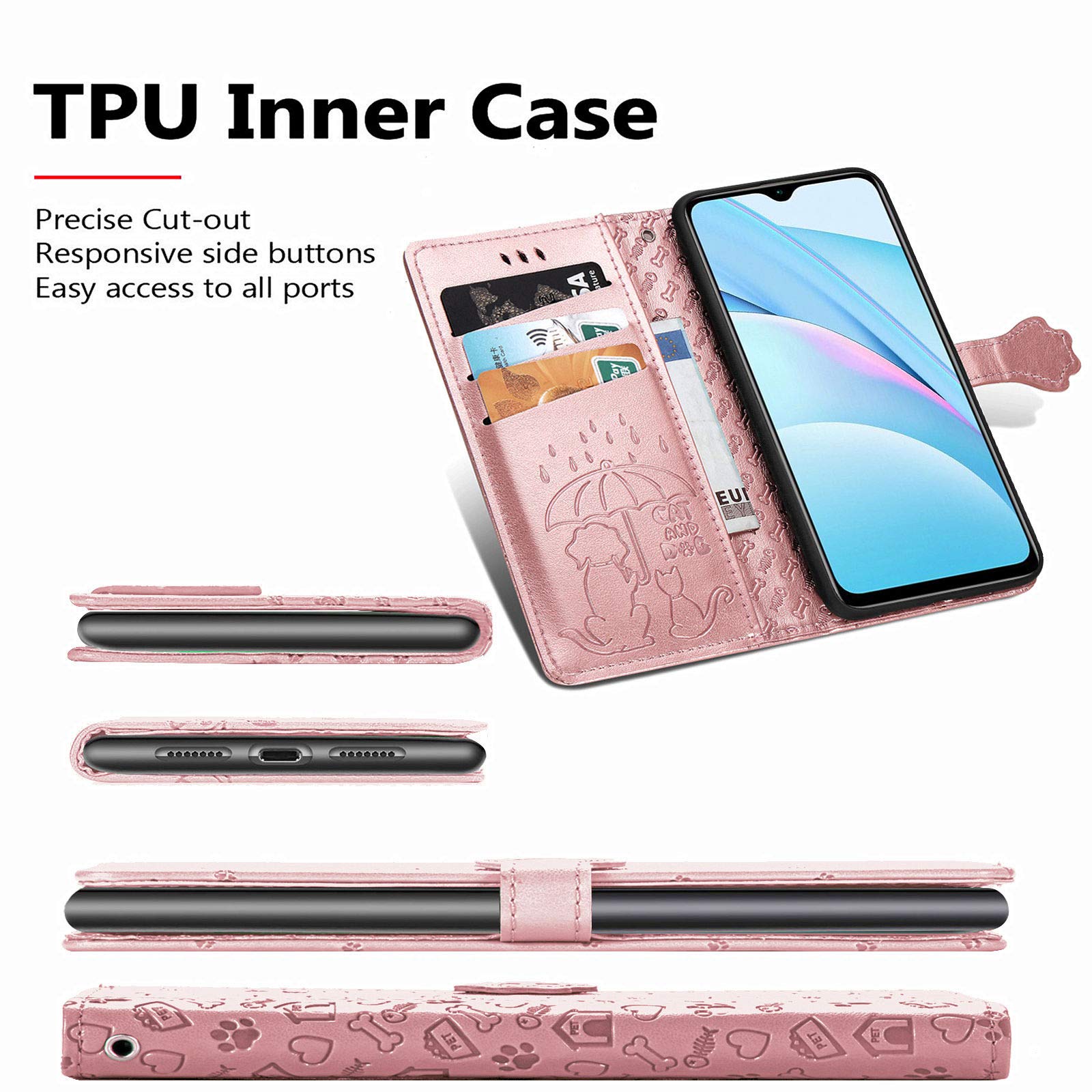Fertuo Cover Portafoglio Per Xiaomi Redmi 9T - Custodia A Libro In Pelle Con Simpatici Disegni Gatto E Cane - Oro Rosa