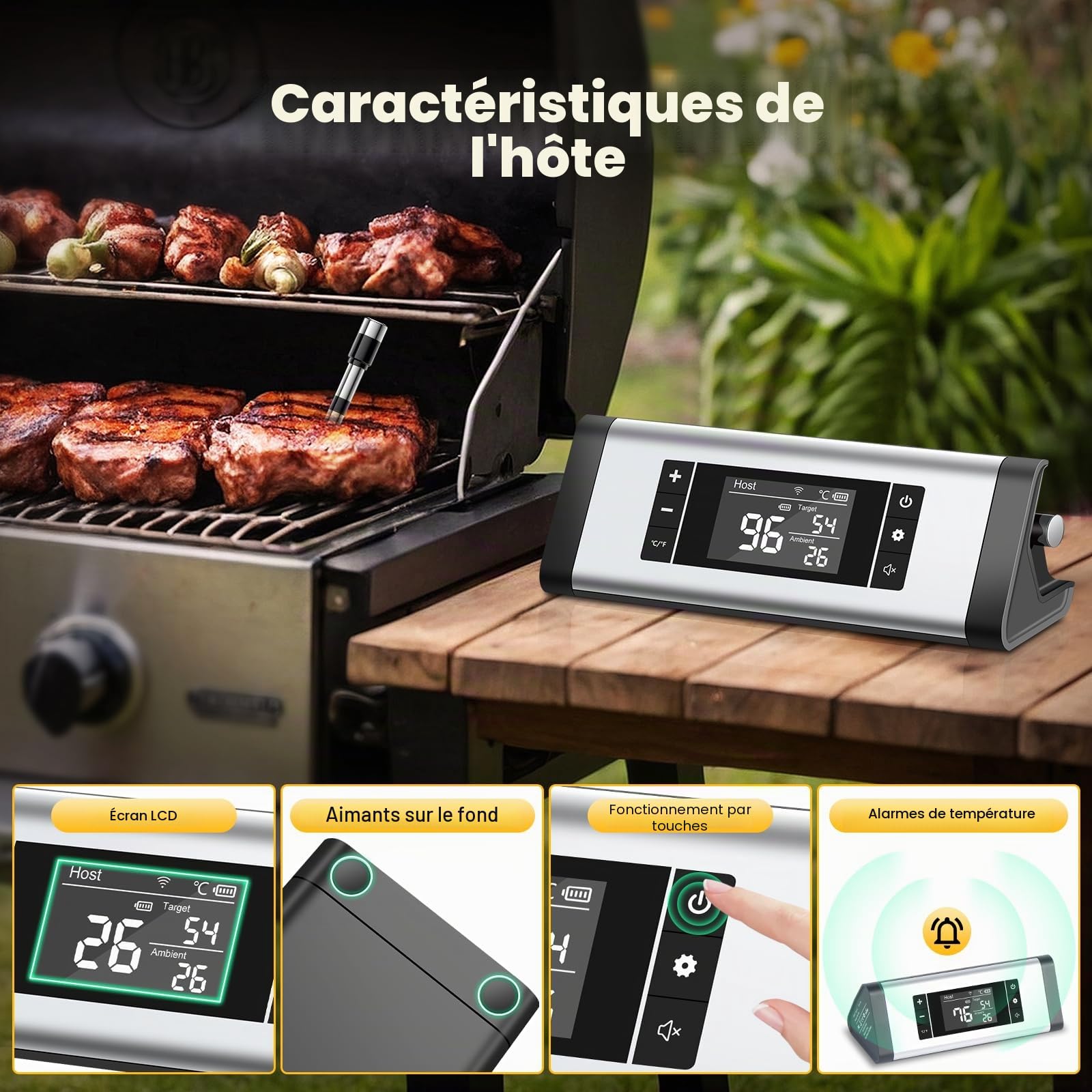Thermometre Cuisine sans Fil, Sonde Temperature Cuisine Barbecue, Thermometre Connecté Bluetooth 240m et App, Étanche et Rechargeable, Minuterie et Alarme, Thermomètre Viande pour Four, Grill, Cadeau