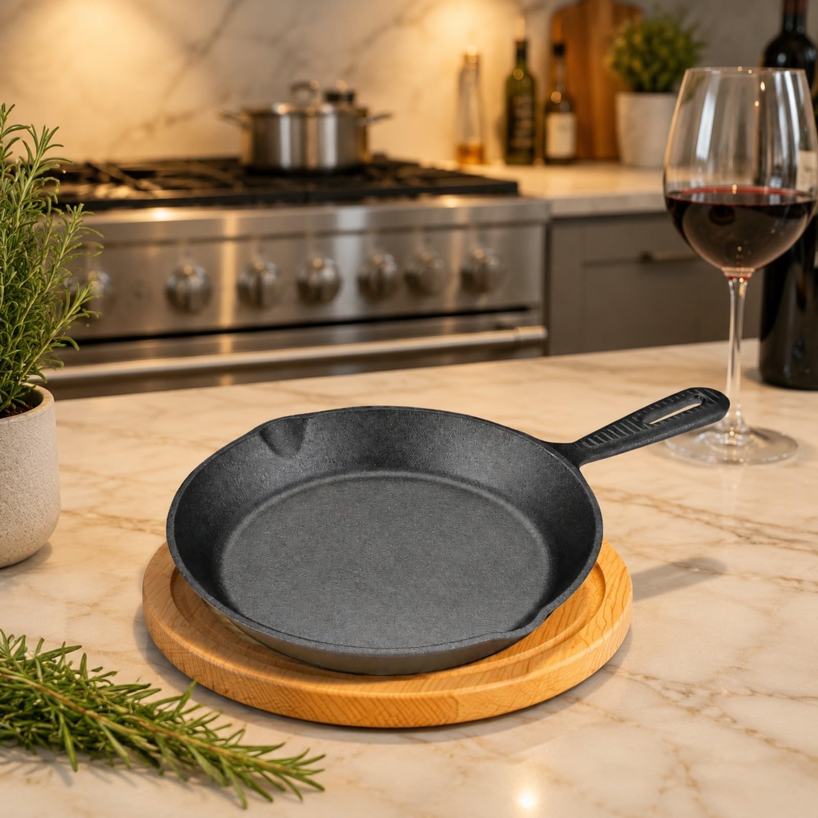Leicht zu reinigen Bratpfanne | Gusseisern, Gusspfanne mit Holzuntersetzer, induktionsgeeignet, Servierpfanne mit Holzbrett, für Esstisch, Küche, 20CM
