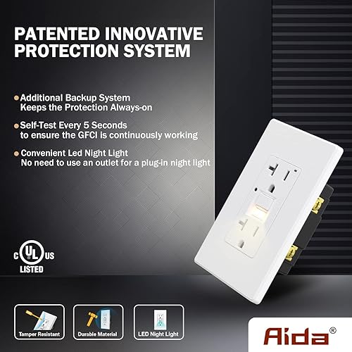 Miniatura 2 de AIDA Toma de corriente GFCI de 20 amperios, toma eléctrica de luz nocturna de autocomprobación, receptáculo resistente a manipulaciones con