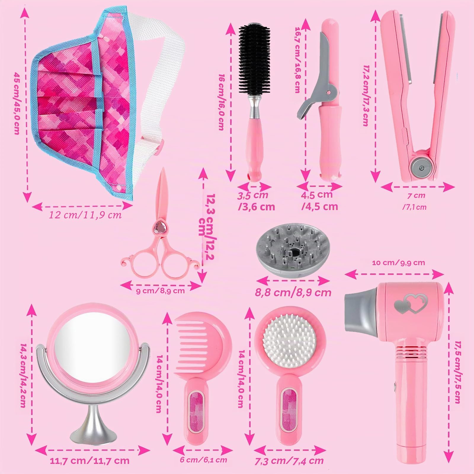 deAO Set di Salone di Bellezza per Bambine, 35 Pezzi Parrucchiere Simulazione Playset con Asciugacapelli, Ferro arricciacapelli e Altri Accessori, Kit di Trucco Simulato per Bambini
