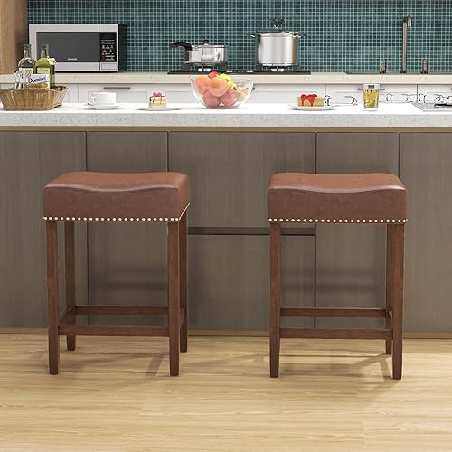 Miniatura 2 de Safeplus Juego de 2 taburetes de bar, taburete vintage de madera maciza con patas de metal, taburete de bar de 24 pulgadas de altura de mostrador