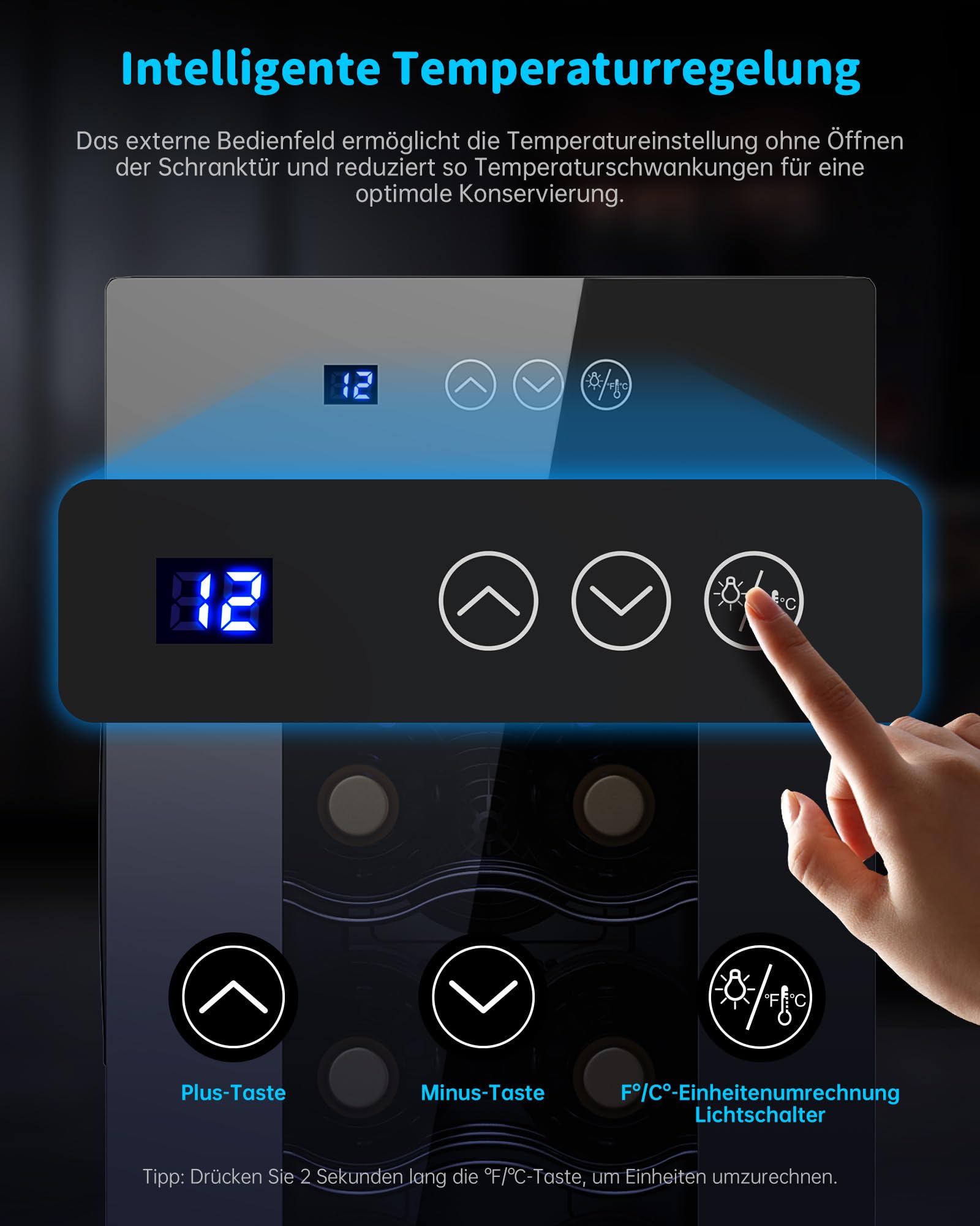 WIE Weinkühlschrank 8 Flasche Getränkekühlschrank 23L Weinschrank Klein 5-18°C Wein-Kühlschrank mit Glastür Vollglas-Designtür LED Touchpanel Anti-UV Mini Wine Fridge