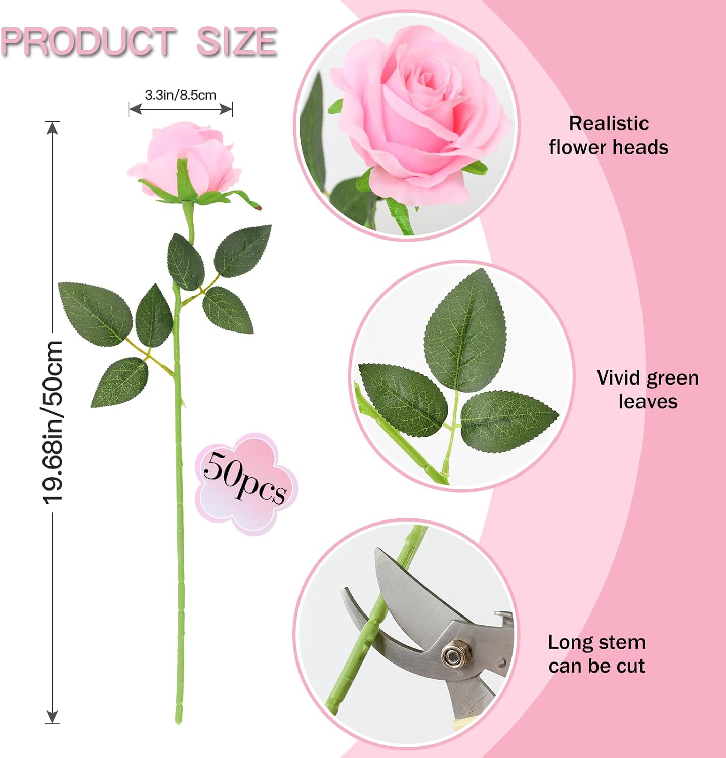 50PCS Artificial Silk Roses in Bulk & Bouquet Long Stem – Realistic Fake Roses for Wedding Centerpieces, Home Decor, Floral Arrangements, Party Decoration (Pink)