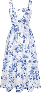 Belle Poque Women's Floral Midi Sundress with Pockets Sweetheart Neckline A Line Spring Summer Dresses for Wedding Guest