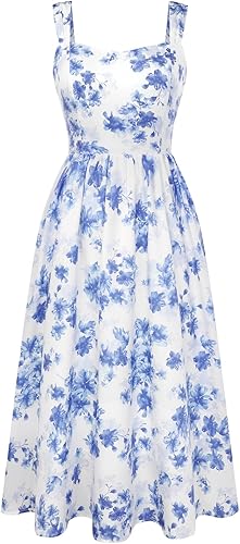 Women's Floral Midi Sundress with Pockets Sweetheart Neckline A Line Spring Summer Dresses for Wedding Guest