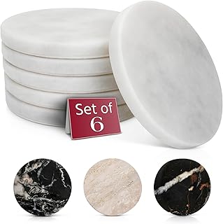 Gusto Nostro White Marble Coasters Set of 6 with Non-Slip Backing - Luxu...