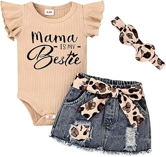 Baby Girl Clothes Infant Romper Outfit Set with Denim Skirt 0-18M