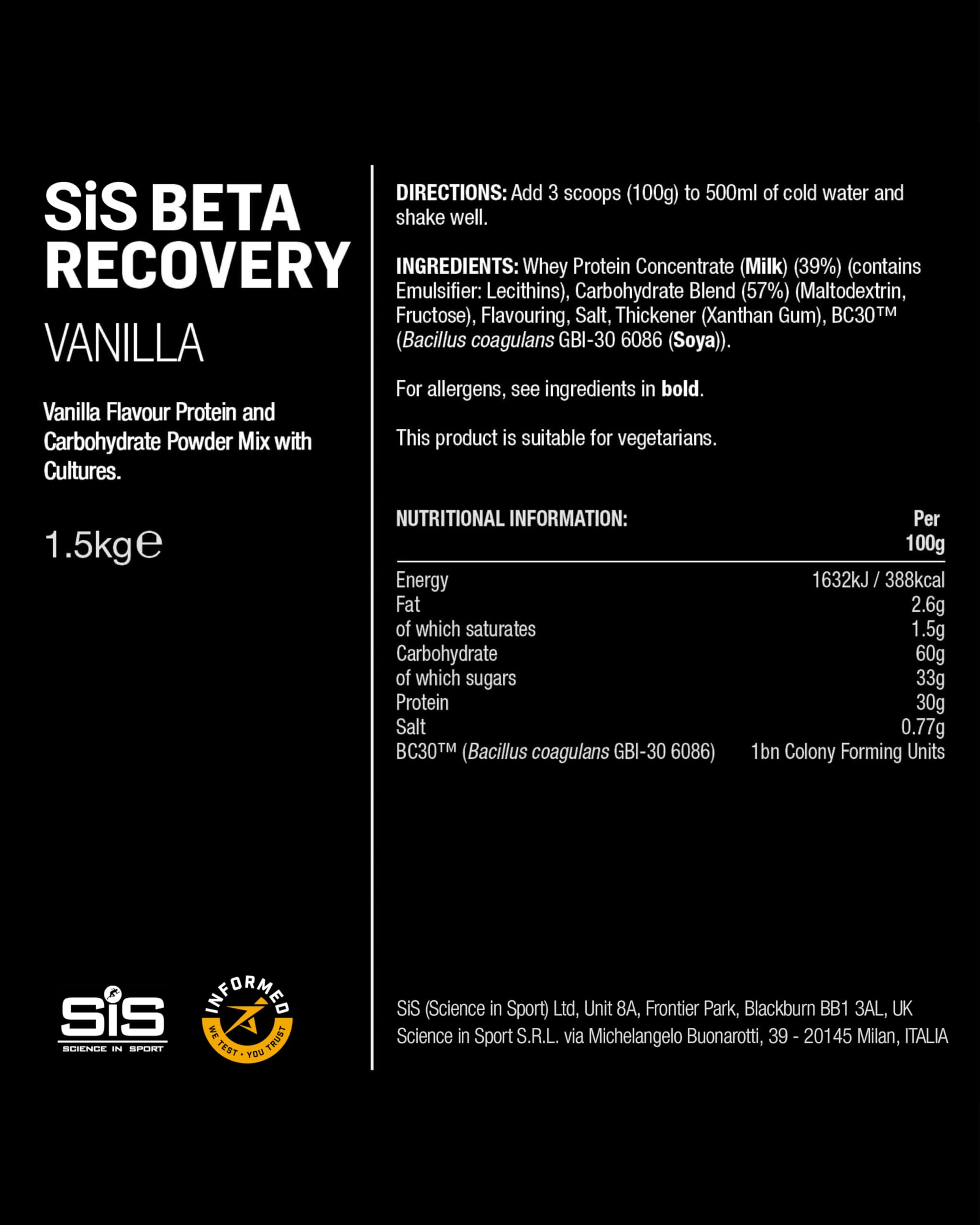 SIS Beta Recovery (1500g) Vanilla - Przed i po treningu - Po treningu