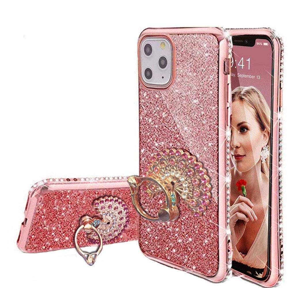 KC Back Cover for Apple iPhone 12 Pro Max, Glitter Peacock Ring Diamond Stand Sparkly Transparent Soft Silicone Case (Rose Gold)