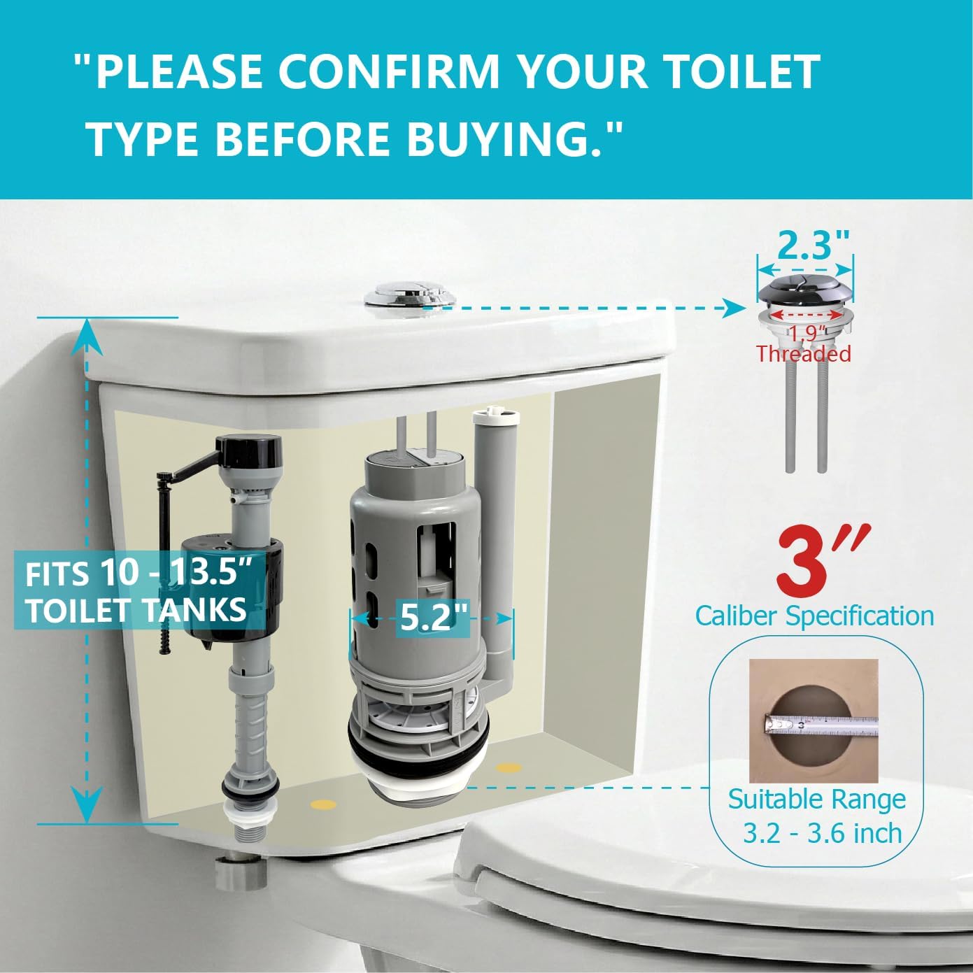 3-Inch Dual Flush Valve Replacement Kit,Compatible with Glacier Bay,Aquasource,Water Ridge and Most Universal, Include Metal Tongs,Bolts,Flush Valve,Fill Valve,Gasket,Button, 1-Pack