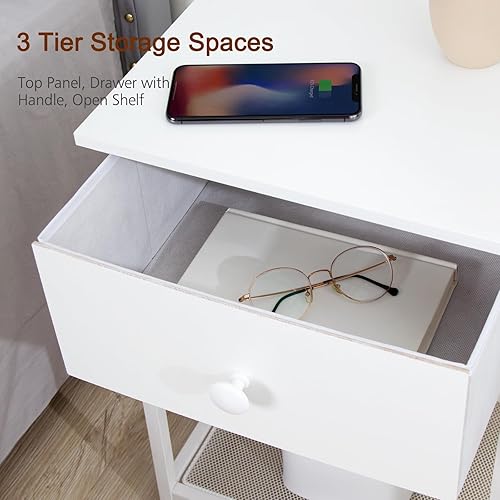 Miniatura 6 de AMHANCIBLE Juego de 2 mesitas de noche con cajón de tela, mesas auxiliares industriales para sala de estar con estante de almacenamiento, mesita de