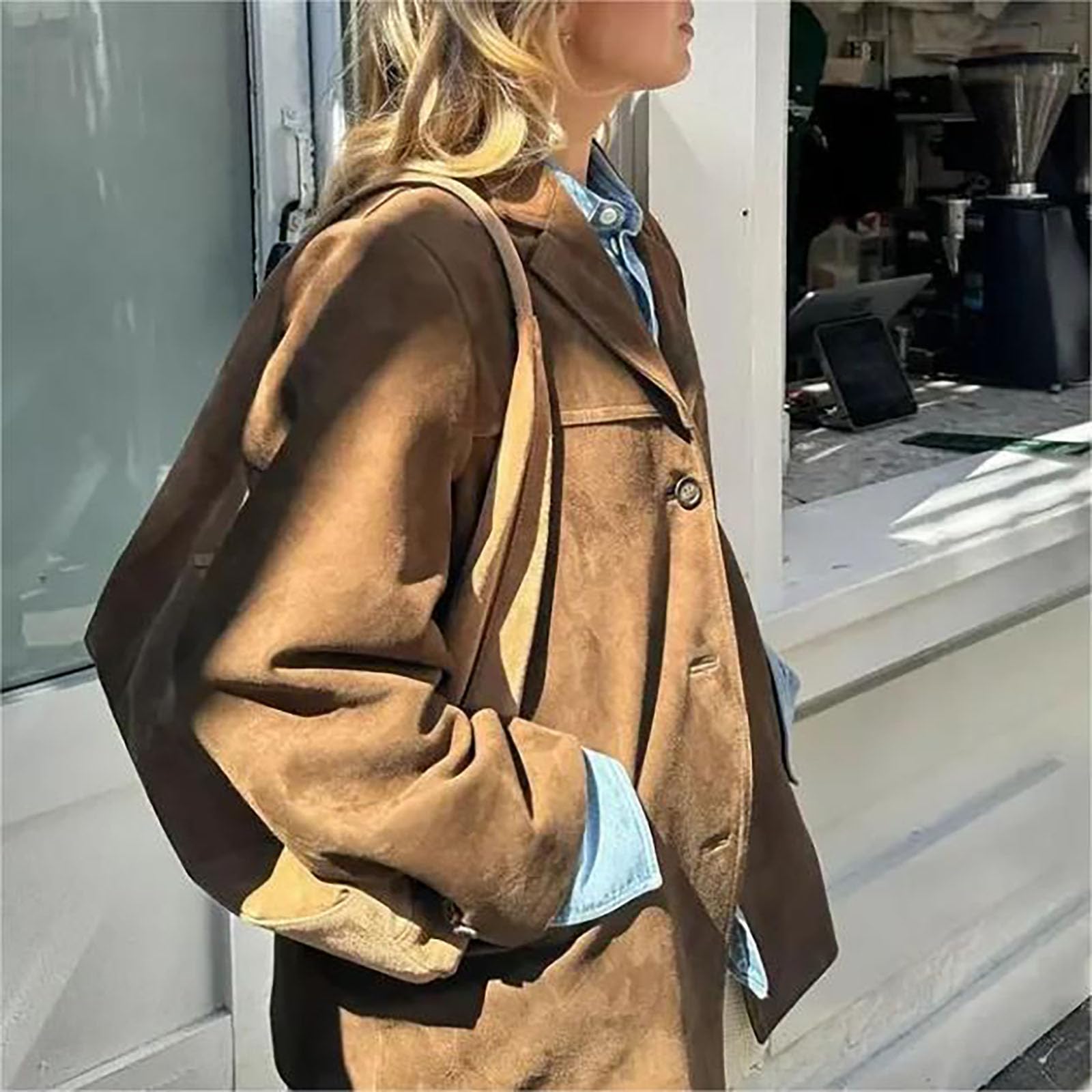 Damskie Faux Suede Kurtki Lapel Kołnierz Suede Marynarka Jesień Zima Długi Rękaw Moda Zamsz Kurtki