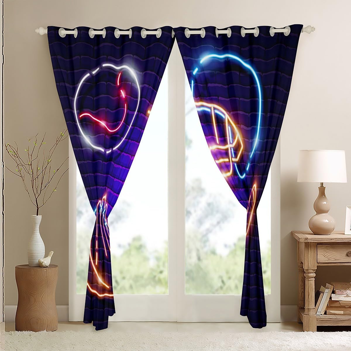 Erosebridal Gradient Baseball Curtains Neon Softball Blackout Curtains for Kids Boys Girls, Sports Theme Curtains & Drapes Glowing Orange Blue Bedroom Curtains, Fluorescent Window Treatments