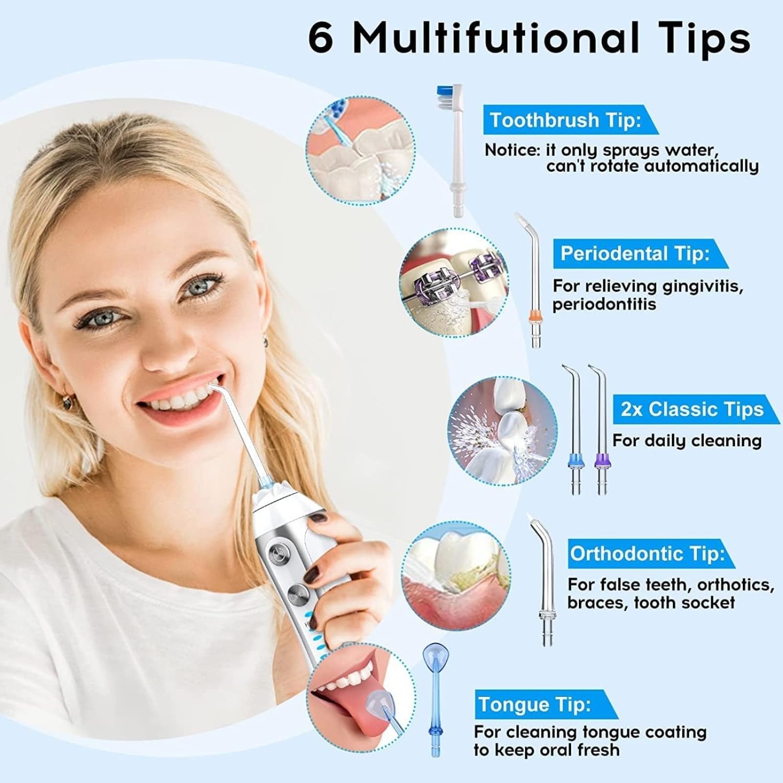 Hidropulsor eléctrico portátil, irrigador oral inalámbrico portátil de 300 ml, carga USB, 5 boquillas, 5 modos de pulso, sellado IPX7, un clic para renovar la salud bucal
