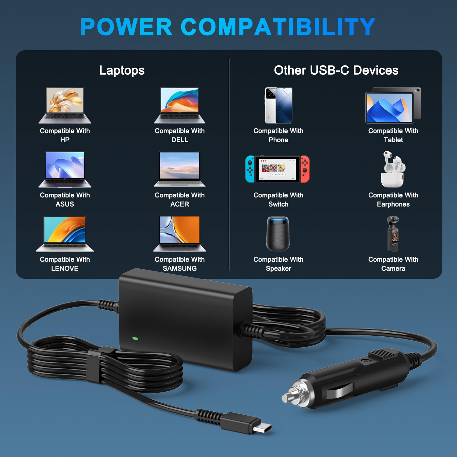 100 W ładowarka samochodowa USB C, 12-24 V ładowarka samochodowa DC zasilacz kabel ładowania do Lenovo HP Dell Acer Asus Chromebook Samsung MacBook Car Charger adapter
