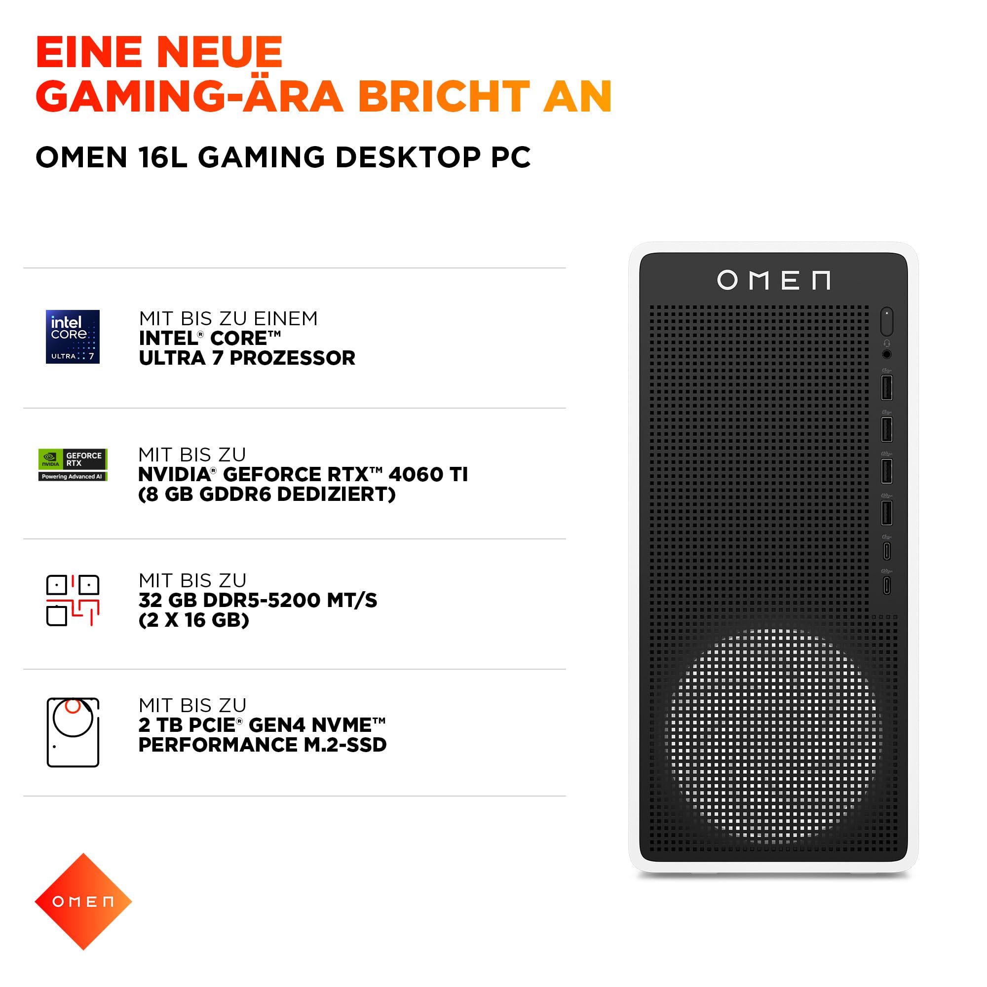 Omen 16L Gaming Desktop PC, Intel Core Ultra 5 225F, 16 GB DDR5 RAM, 1 TB SSD, NVIDIA GeForce RTX 5060 Ti, Windows 11 Home, RGB-Beleuchtung, Weiß