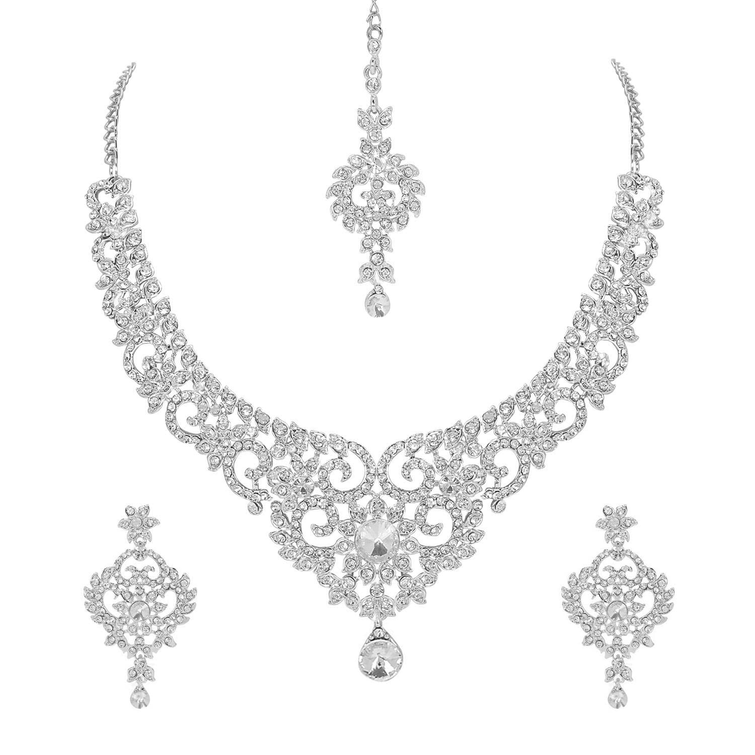 maayeri jewels silver shiny & trendy necklace set with earrings & maangtika For Womens (B09ZBJDXRW) Amazon Price History, Amazon Price Tracker