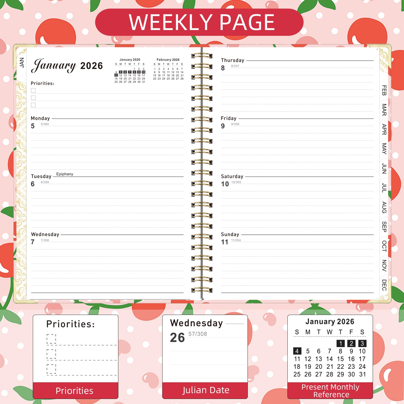 Knagsfa 2026 Monthly Planner, Jan.2026 - Dec.2026 Weekly Monthly Planner 6.25"x8.5" with Page Tabs, Calendar Hardcover with Inner Pocket, Elastic Band, Twin-Wire Binding, Bookmark, Cherry Polka Dots - Image 4