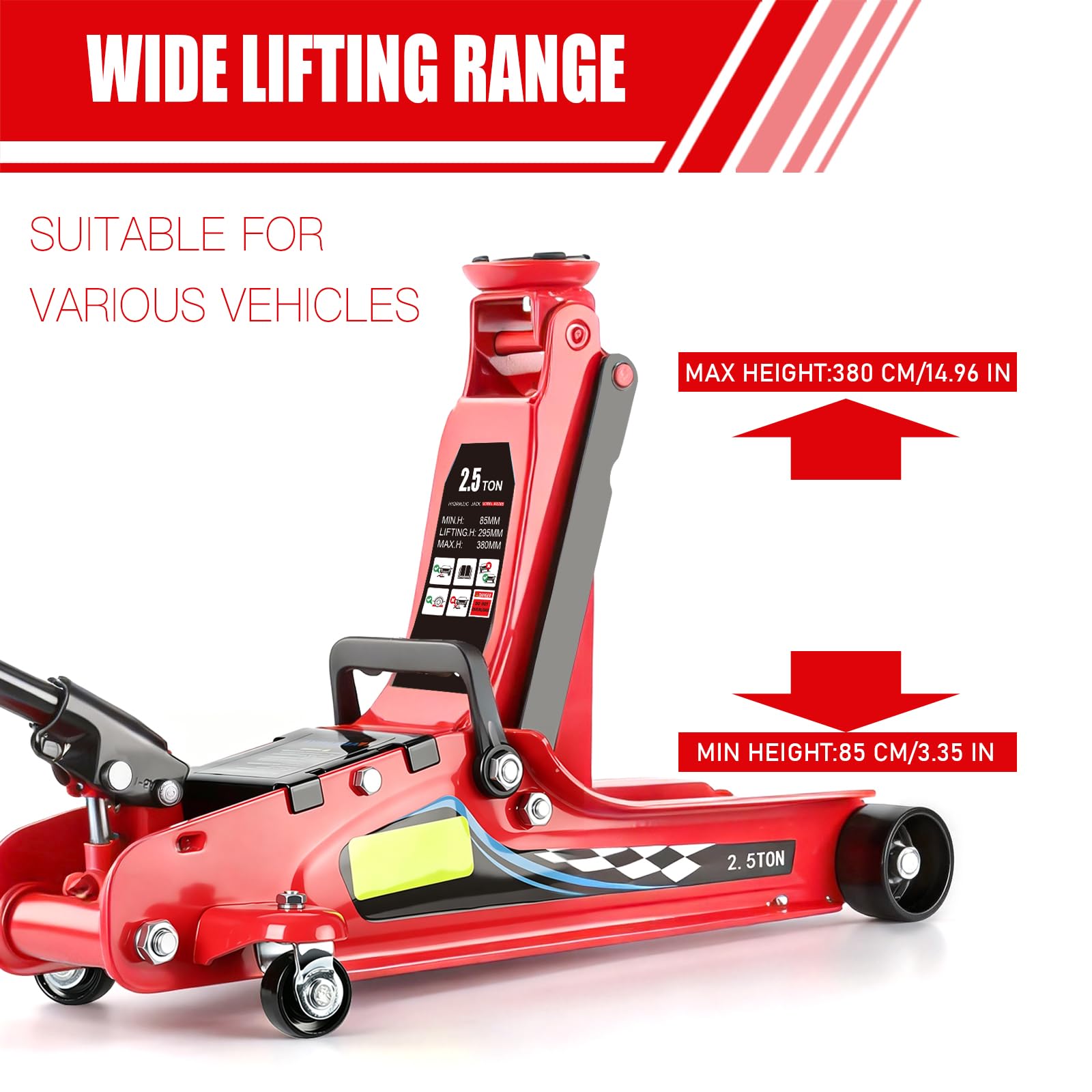LARBANKE Gato hidráulico de perfil bajo de 2.5 toneladas, rango de elevación de 85-380 mm, gato hidráulico para coche con 2 almohadillas de goma, gato portátil para coche con asa de transporte y