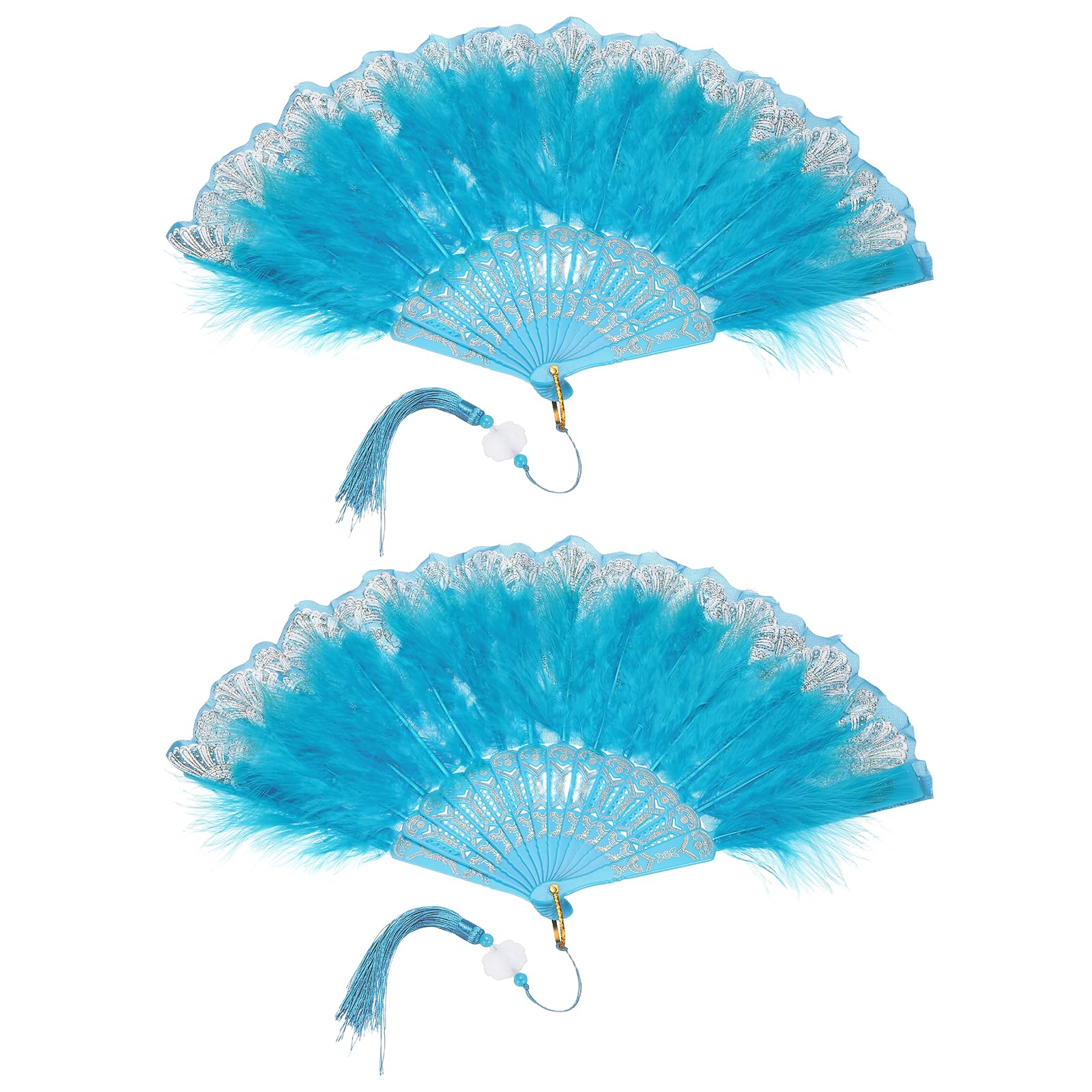 sourcing map 2 Pcs Vintage Folding Fan, Embroidered Flower Marabou Feather Fans 20s Vintage Style Handheld Folding Fan for Dancing Wedding Show Party Tea Party Occasions, Sky Blue(Polyester)