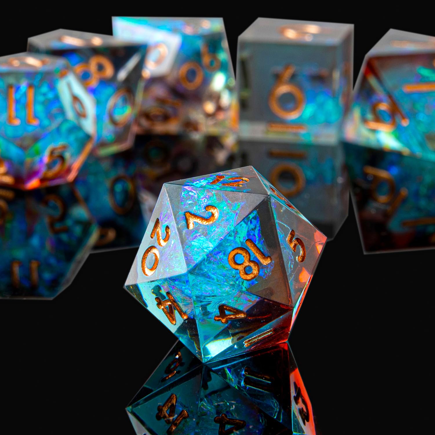 DND – Jeu de dés polyédriques en résine à bords tranchants avec étui à dés, faits à la main, 7 accessoires pour jeux de rôle Donjons et Dragons, dés D&D (bleu marron)