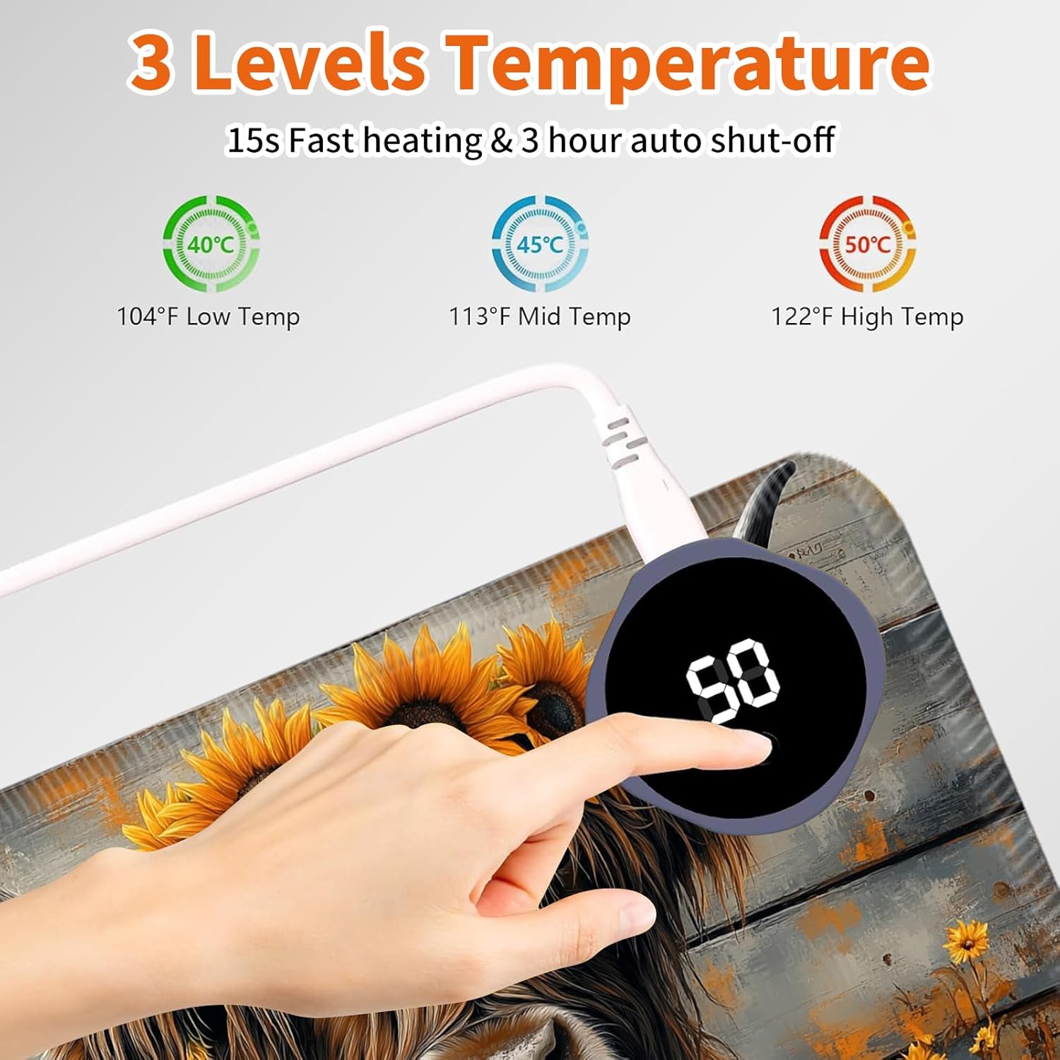 Heated Mouse Pad,Warm Desk Pad with 3 Levels Heating & 3 Hours Auto Shut-Off, PU Leather Heated Desk Pad Warmer Pad for Home Office - 23.6 x 14.2 inch,Highland Cow Wood Grain