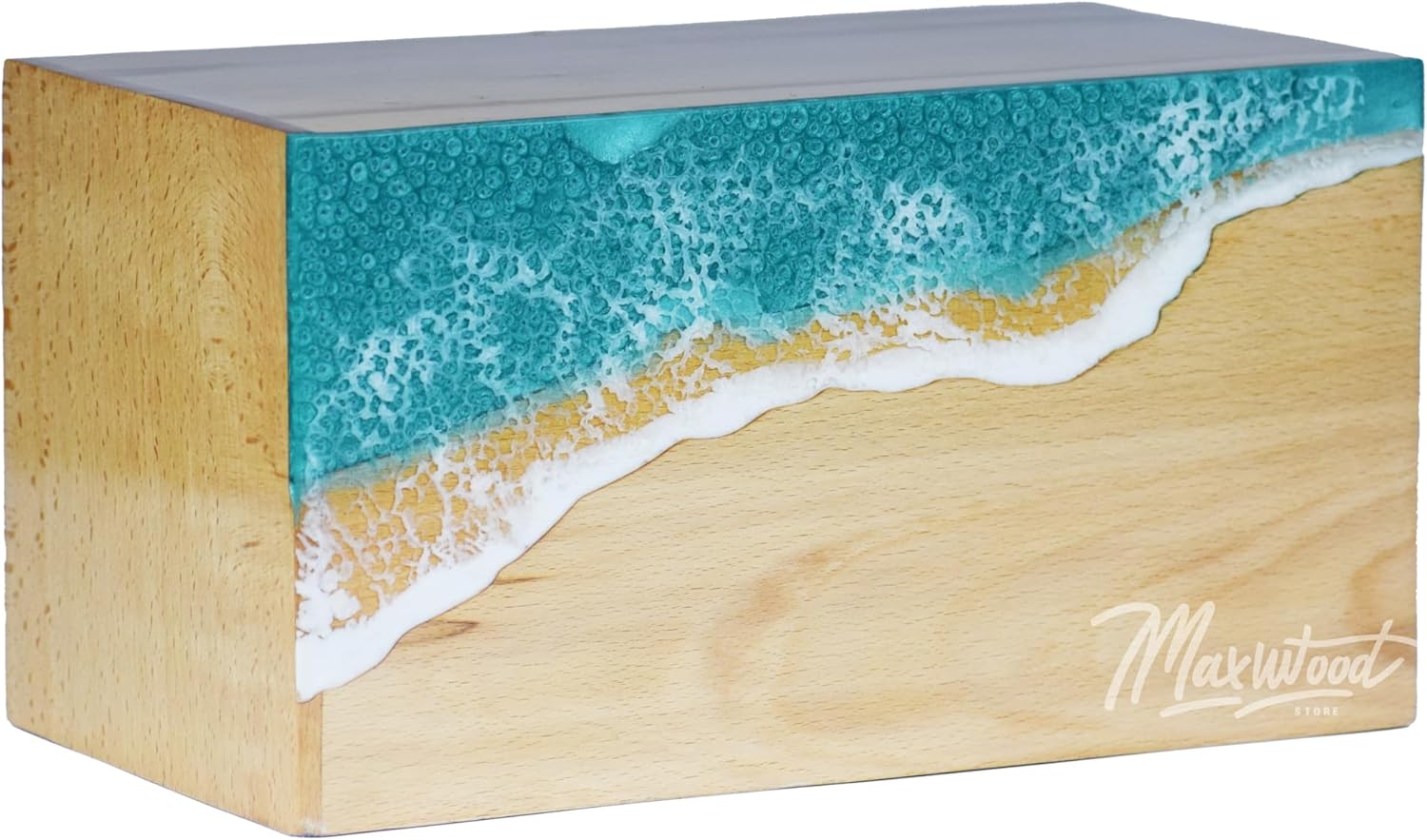 Beach Wood Urn Box with Resin Ocean Wave Design – Handmade Memorial Box for Ashes – Unique Wooden Cremation Urn with Coastal Theme (L (11"X6"X6") 250 Cubic Inches)