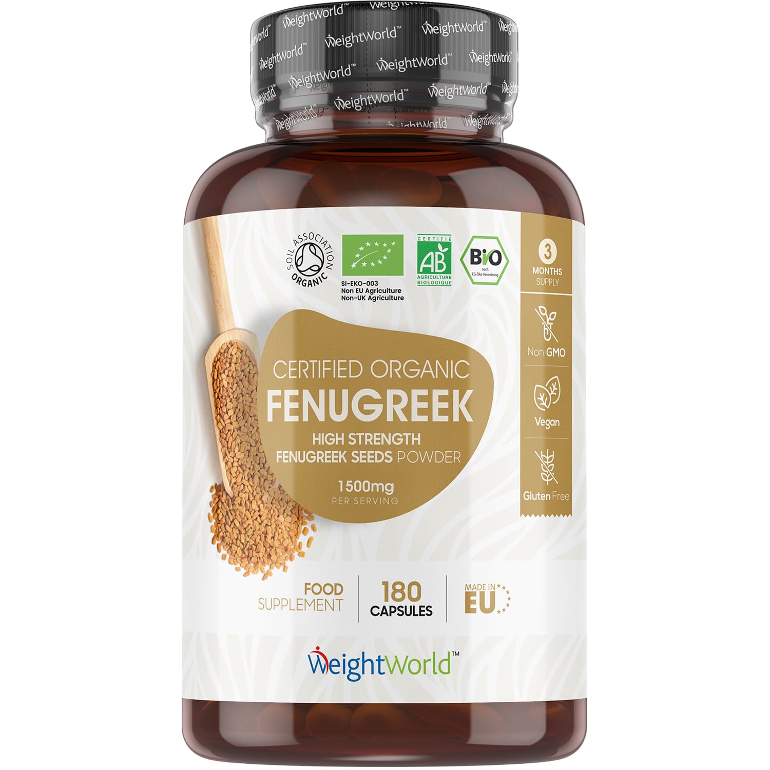 Organic Fenugreek Capsules - 1500mg per Serving - 180 Capsules - 3 Months Supply - Soil Association Certified - Vegan & Gluten-Free - Fenugreek Supplements for Women & Men