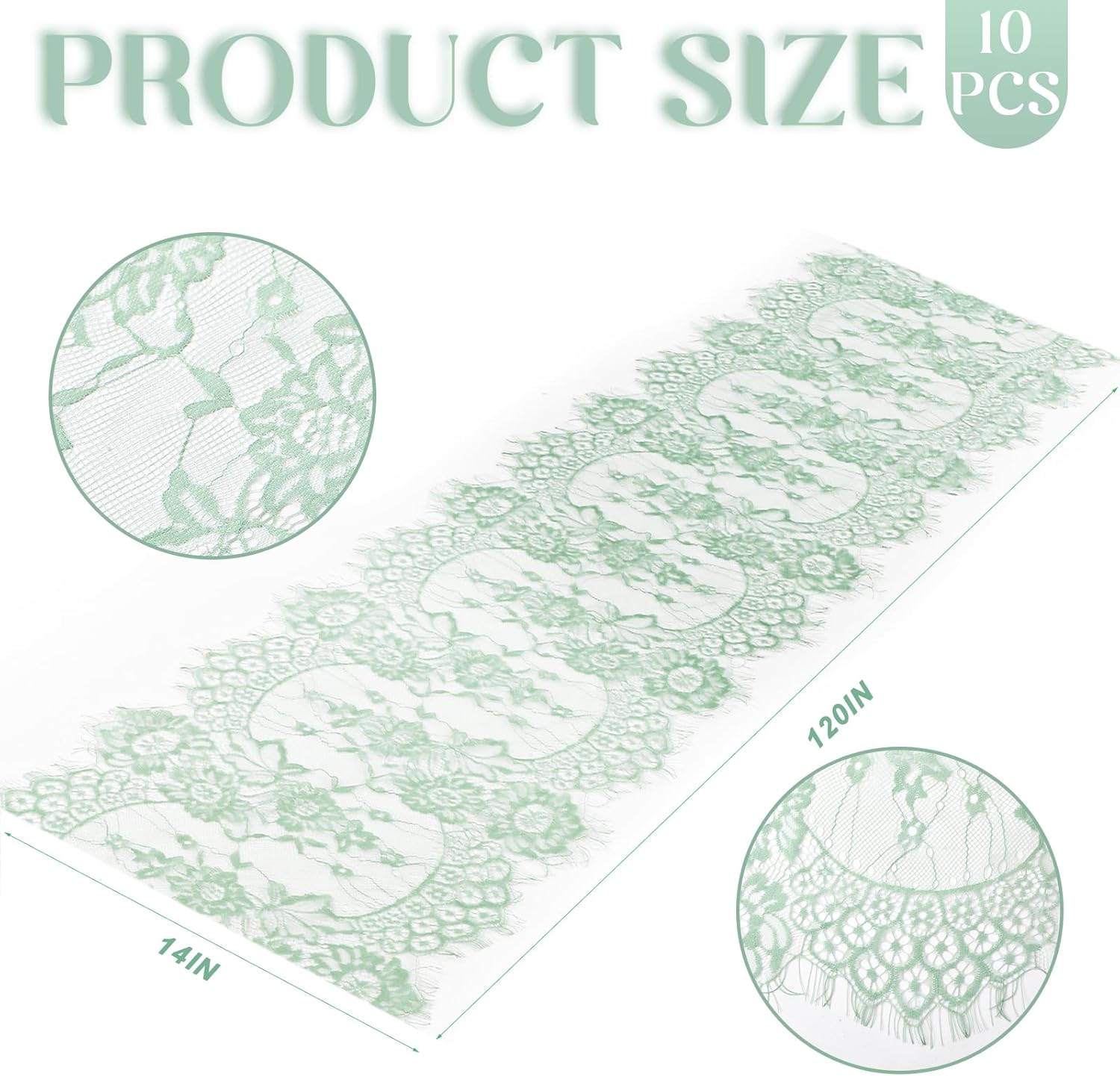 Newwiee 10 Pcs Sage Green Lace Table Runner 14 x 120 Inch Embroidered Floral Table Runner Boho Romantic Gauze TableCloths for Wedding Bridal Shower Birthday Party Decorations