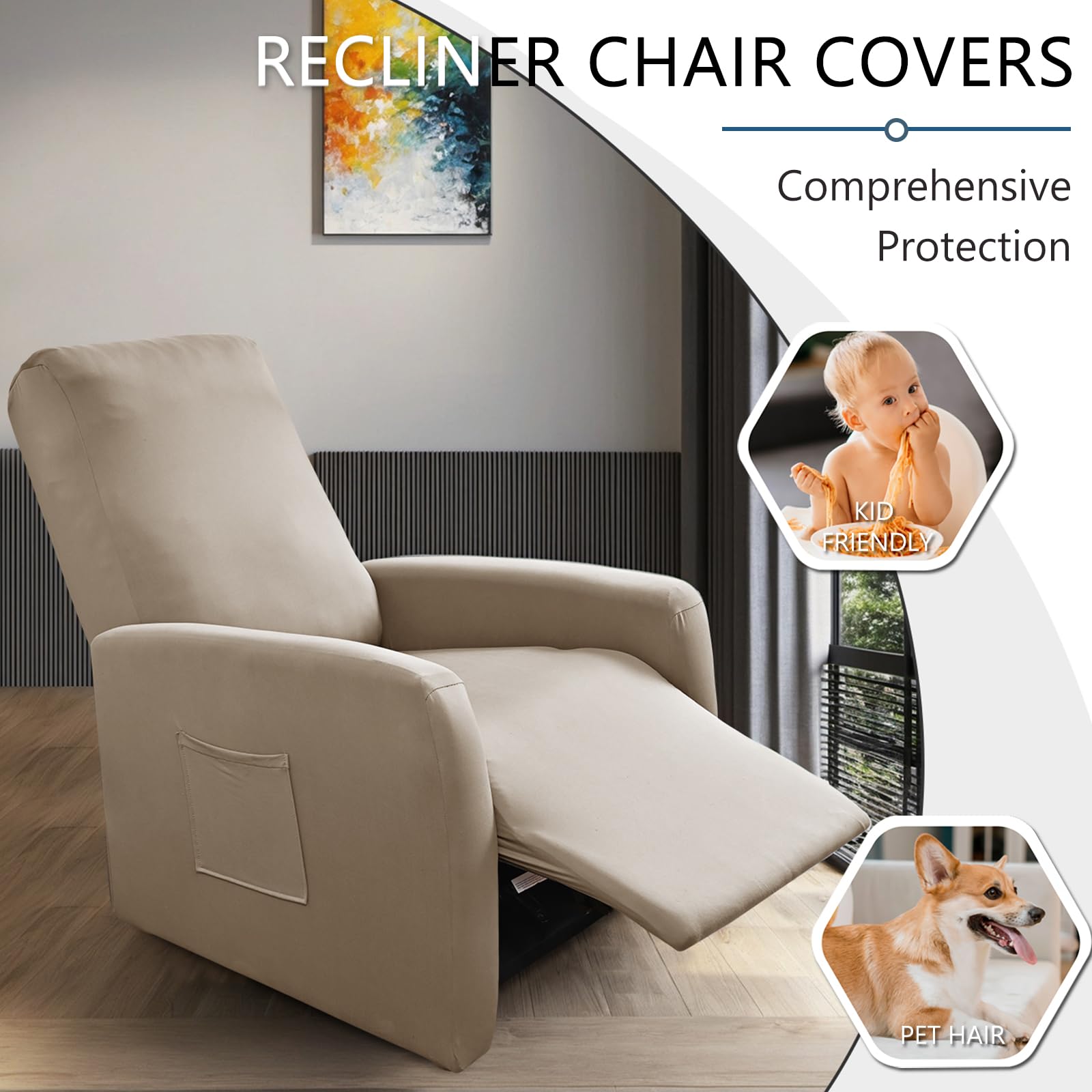Générique Housse de Fauteuil Relax Imperméable Extensible, 4 pièces Couleur Unie Housse de Canapé Antidérapante avec Poche Latérale, Protege de Meubles Lavable pour Fauteuil Inclinable-Blue