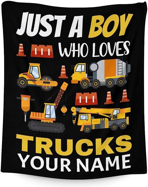 Personalized Construction Truck Blanket Gifts with Name - 40x50 Inches Funny Throw Blanket for Boys - Black Soft Fuzzy Excavator Blankets for Bed, Couch & Living Room