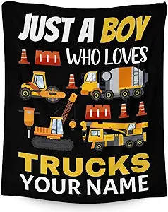 Personalized Construction Truck Blanket Gifts with Name - 40x50 Inches Funny Throw Blanket for Boys - Black Soft Fuzzy Excavator Blankets for Bed, Couch & Living Room