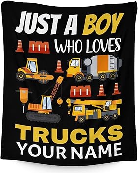Personalized Construction Truck Blanket Gifts with Name - 40x50 Inches Funny Throw Blanket for Boys - Black Soft Fuzzy Excavator Blankets for Bed, Couch & Living Room